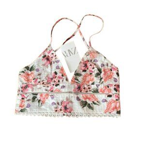 ZARA Floral White and Pink Crop Top with Tie Back